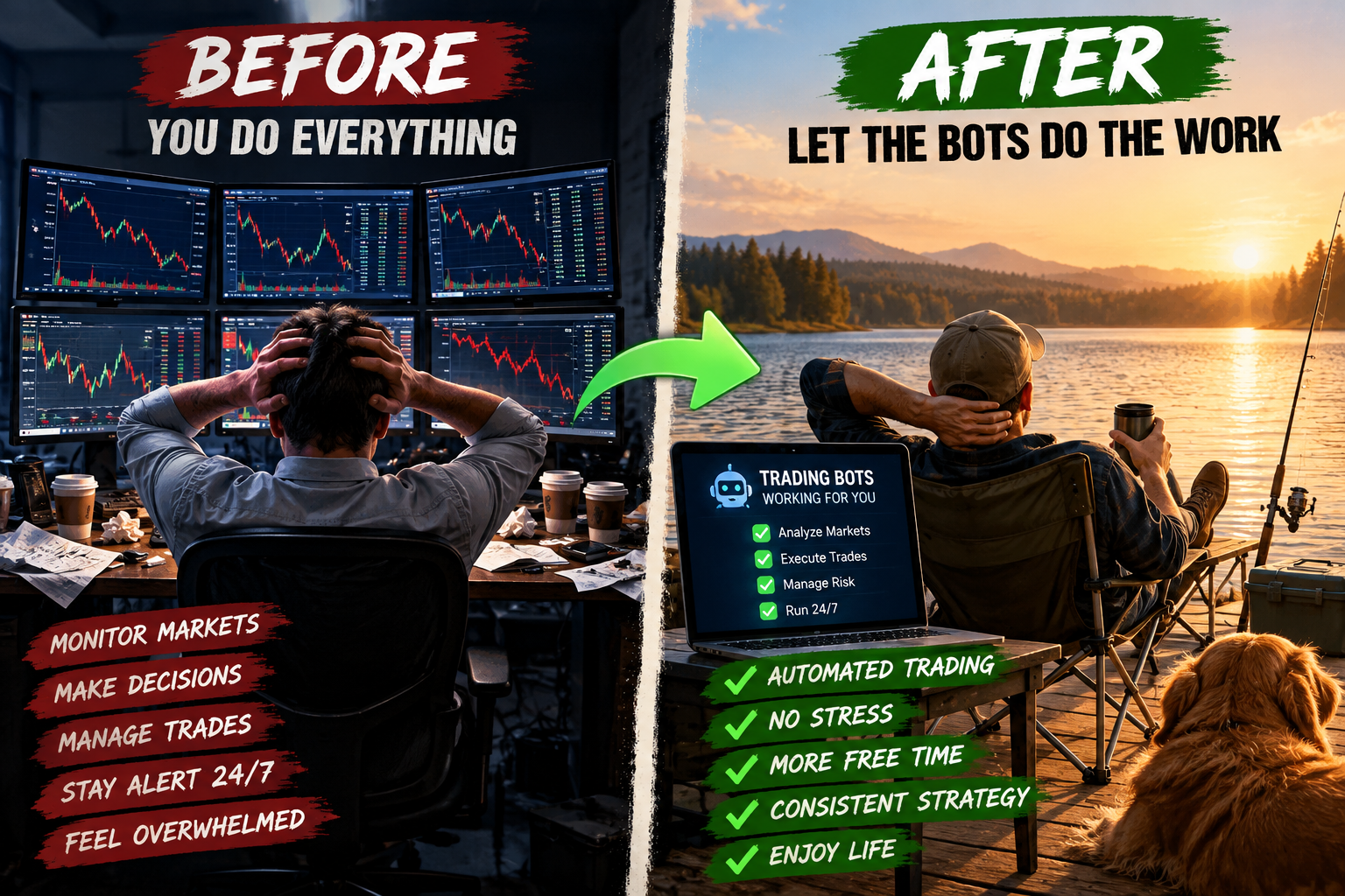 Before and after automated trading: manually monitoring markets versus letting trading bots monitor predefined strategies.